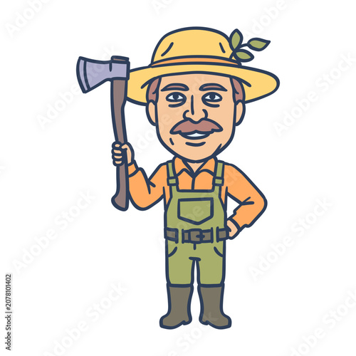 Farmer holds an axe and smiles. Hand drawing