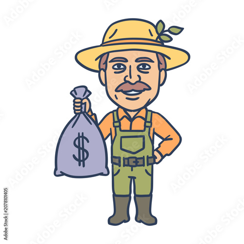Farmer holds bag of money and smiles. Hand drawing