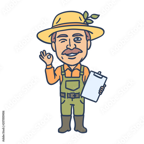 Farmer holds tablet shows ok gesture and winking. Hand drawing