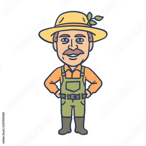 Farmer keeps his hands on his waist and smiles. Hand drawing