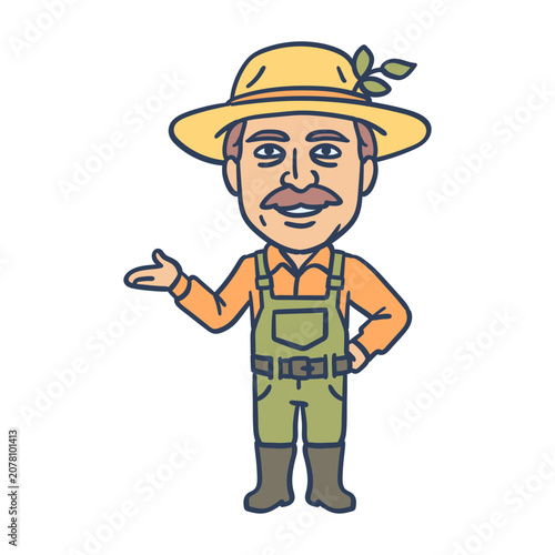 Farmer points with his hand and smiles. Hand drawing