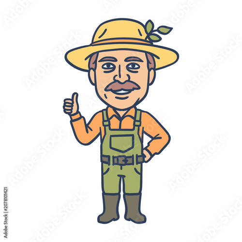Farmer shows thumbs up and smiles. Hand drawing