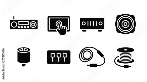 A set of black and white industrial mech icons including a radio, computer, amplifier, record player, satellite dish, cd player, circuit board, cable, and spool of wire.