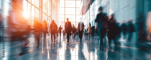 A bustling scene inside a modern convention center with sunlight streaming through large windows, illuminating a crowd of people walking in motion blur