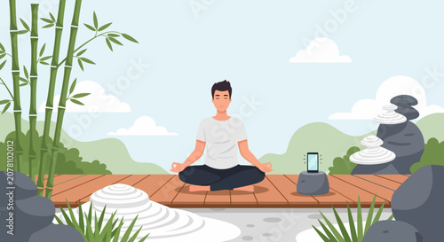 Man meditating in lotus pose with smartphone.