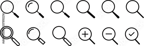 Set of Magnifying Glass Icons with Zoom and Check Mark Symbols on Grainy White Background search find