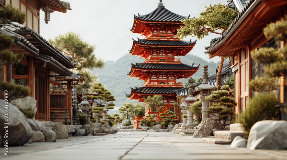 Obraz premium Traditional Japanese pagoda in serene temple courtyard with stone lanterns