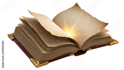 Tableau sur toile Antique open book with glowing pages and ornate gold corners, isolated on transp