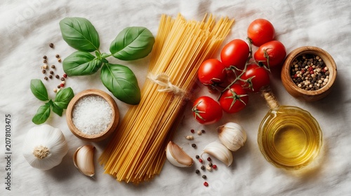 Italian cooking ingredients flat lay, pasta, tomatoes, basil, olive oil, garlic, arranged on light surface, soft warm natural light, minimal composition