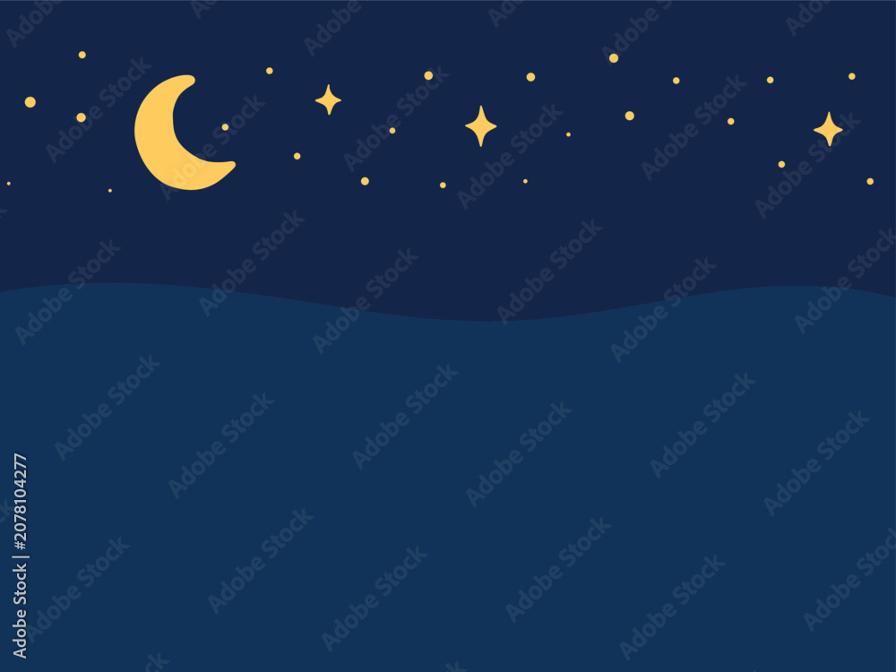Naklejka premium Night sky background with crescent moon stars and dark blue landscape in minimalist flat style