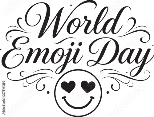 World Emoji Day decorative text with heart eyes emoji celebration graphic for social media and events elegant calligraphy design