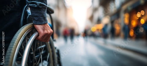 A person's hand gripping the wheel of a wheelchair as they navigate a busy city street. The background is blurred, showing people walking and buildings lining the road.