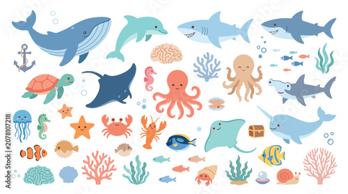 Cartoon under the sea animals set with underwater jellyfish seahorse treasure