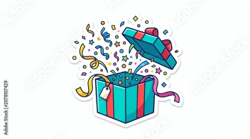 Open Gift Box With Confetti and Streamers Celebration Illustration