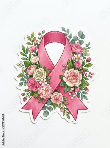 Pink Ribbon with Flowers Breast Cancer Awareness Symbol