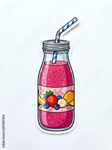 Colorful Fruit Smoothie in a Glass Bottle with Straw and Fresh Fruit
