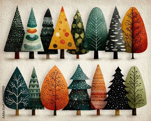 Set of hand-drawn flat design Christmas trees, isolated on transparent background, vector illustration