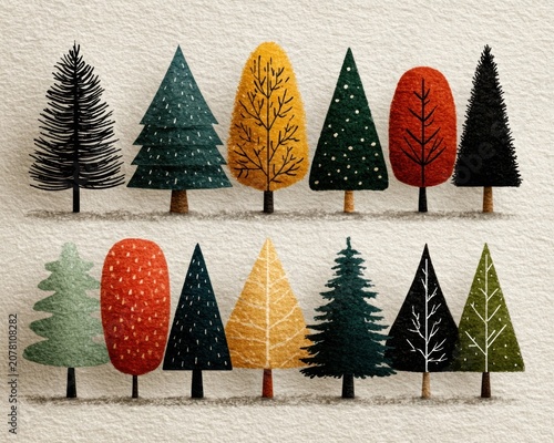 Set of hand-drawn flat design Christmas trees, isolated on transparent background, vector illustration