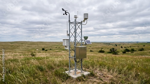 Automated Weather Station in a Vast Open Field Under a Cloudy Sky.