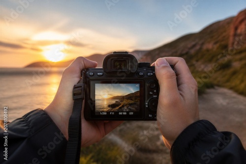 Photographer holding camera capturing sunset over coastal landscape