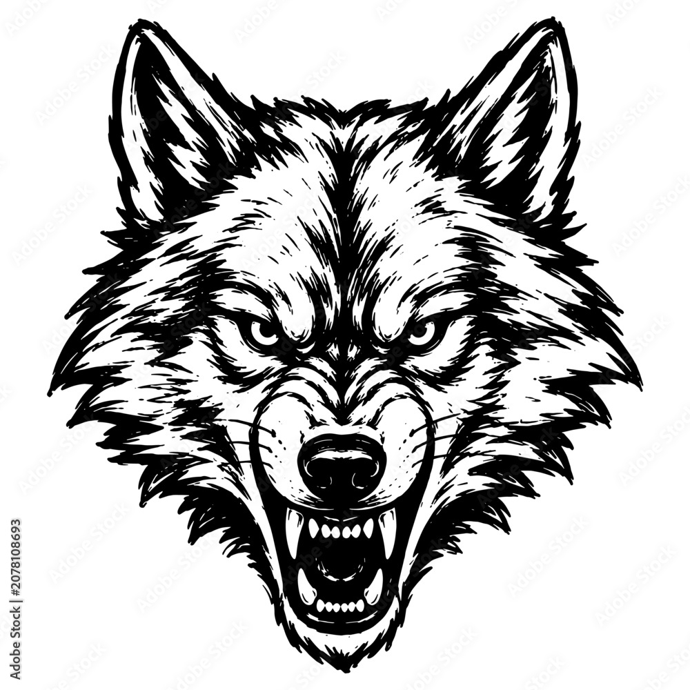 Fototapeta premium Highly detailed engraving illustration of an aggressive wolf head, perfect for wildlife artwork, tattoo designs, mascots, outdoor brands, and hunting themes.