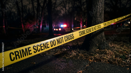 Cuadro en lienzo Nighttime Crime Scene with Police Car and Yellow Caution Tape in Dark Woods at N