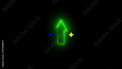 Neon glowing line Up direction animated arrow on black background .Animation of sweep arrow icon, upward and transparent swipe up pointing arrow icon.