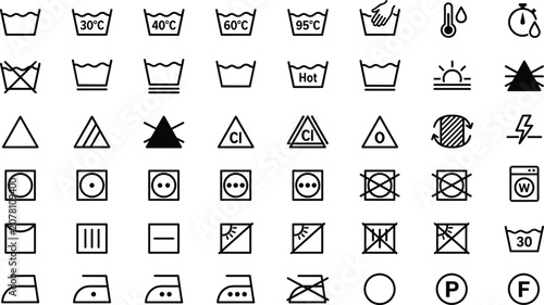 Bild auf Leinwand Laundry care symbols and washing instruction outline line icon vector set for cl