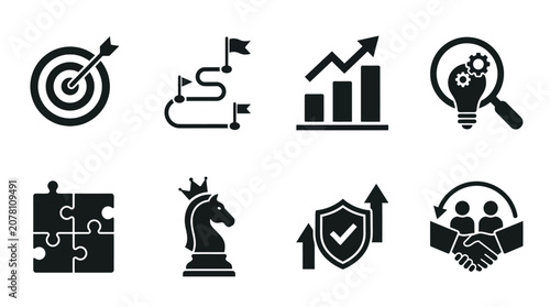 Comprehensive collection of business strategy icons representing goals, growth, teamwork, innovation, and successful problem-solving for enterprise achievement