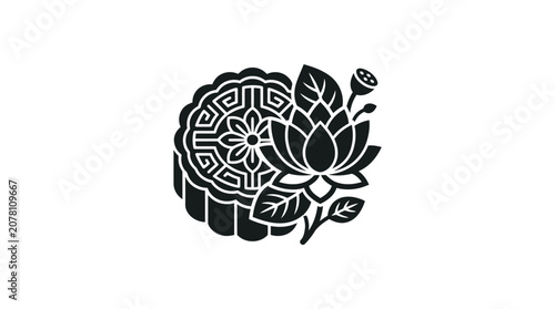 Cuadro en lienzo A black and white vector illustration of a traditional Chinese mooncake decorated with a blooming lotus flower