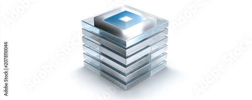 Sleek 3D office tower icon, reflective silver and glass surfaces, premium logo isolated on white, 32k