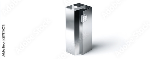 Sleek 3D office tower icon, reflective silver and glass surfaces, premium logo isolated on white, 32k