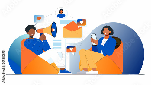 Fotografie Vector illustration of two people communicating with social media icons and a me