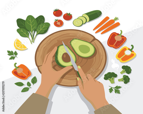 Top view vector illustration of hands cutting fresh avocado with vegetables on wooden board