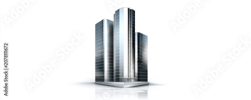 Sleek 3D modern office tower icon, reflective glass and metallic highlights, luxury logo design, white background, 32k