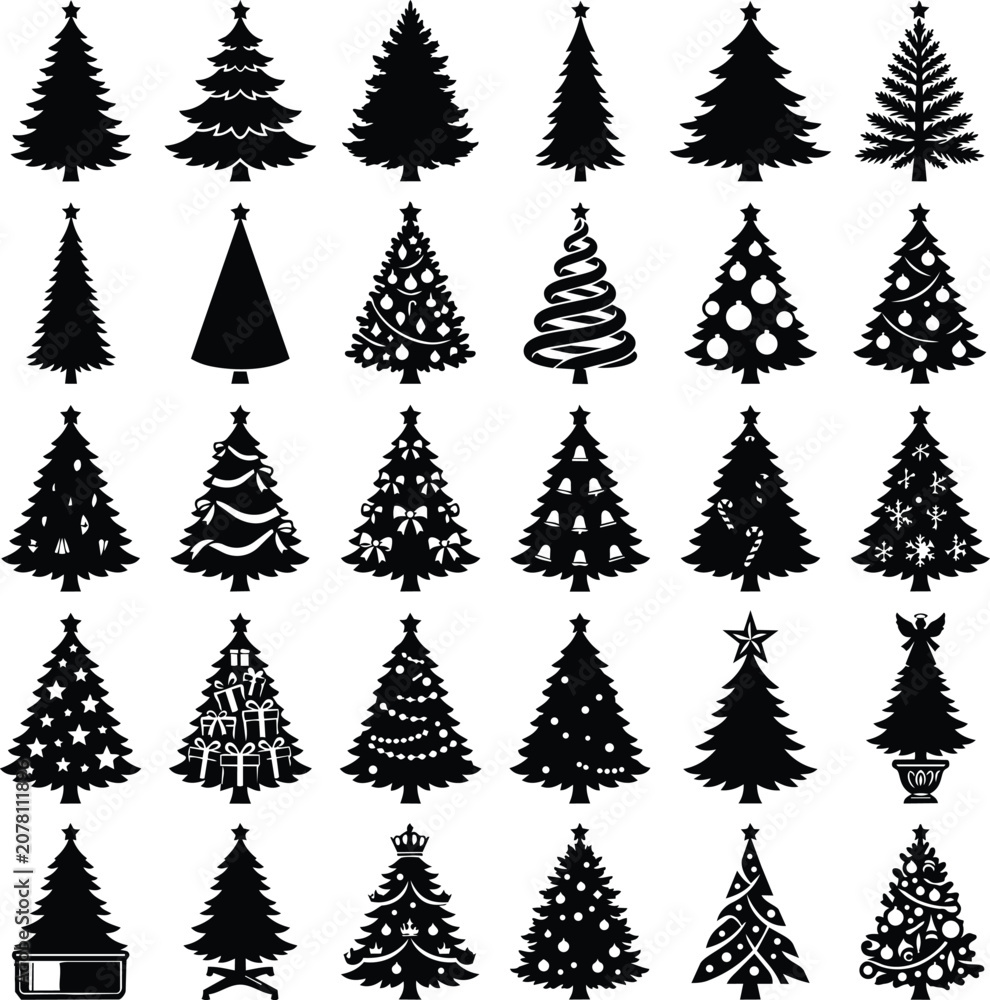 Obraz premium Christmas Tree Silhouette Icons Set