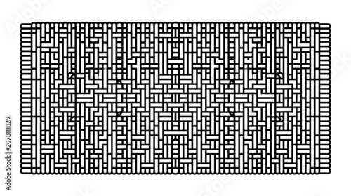 A detailed rectangular woven rug pattern with intricate geometric lines and black and white texture.