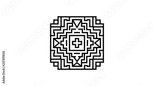 A detailed black and white geometric square pattern featuring a central cross symbol.