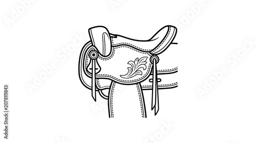 A detailed black and white line art illustration of a classic western horse saddle.