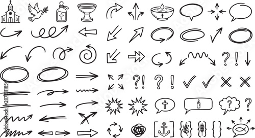 Hand drawn religious and church themed doodle icons set