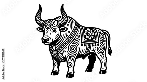 Intricate black and white line art illustration of a decorative bull.