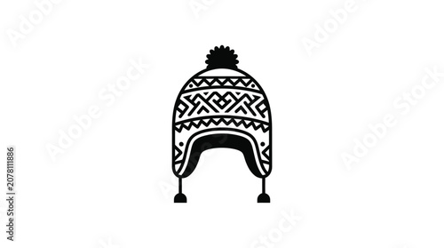 Minimalist black and white winter hat illustration with geometric patterns and pompom.