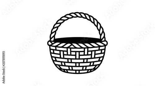 A simple black and white line art illustration of a woven wicker basket.