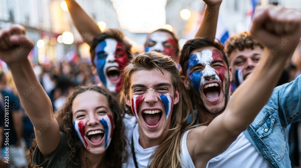 Fototapeta premium French football supporters celebrating victory, showing patriotism and fan unity with painted faces