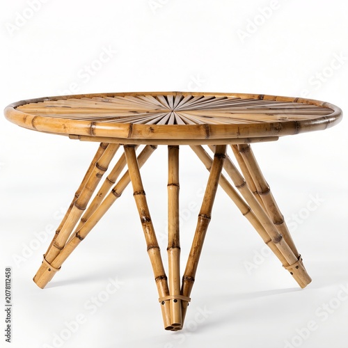 Circular bamboo picnic table on a white background handcrafted design