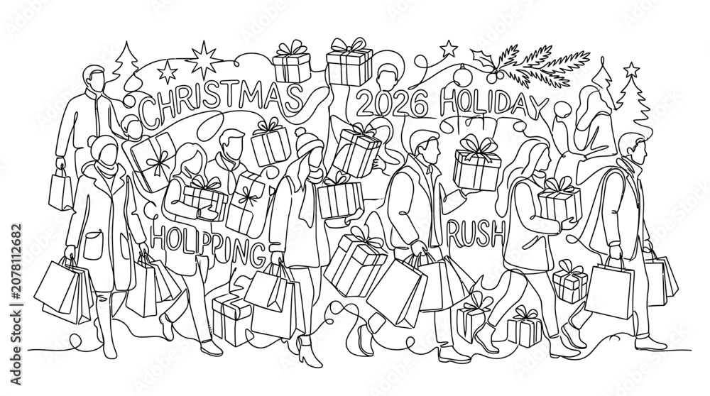 Fototapeta premium Continuous Line Drawing of People Carrying Gifts and Shopping Bags for Holiday Rush 2026