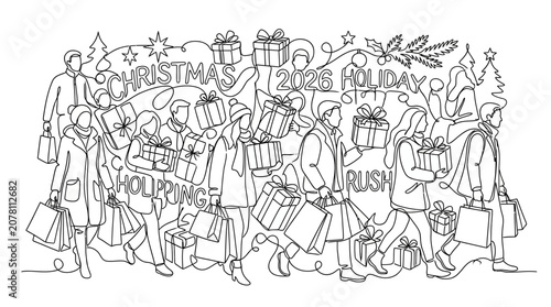 Continuous Line Drawing of People Carrying Gifts and Shopping Bags for Holiday Rush 2026