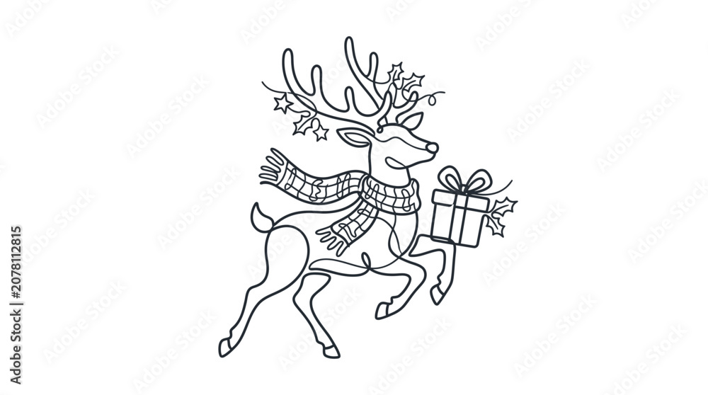 Fototapeta premium Continuous One Line Drawing of Reindeer Wearing Scarf and Carrying Gift Box for Christmas Celebration