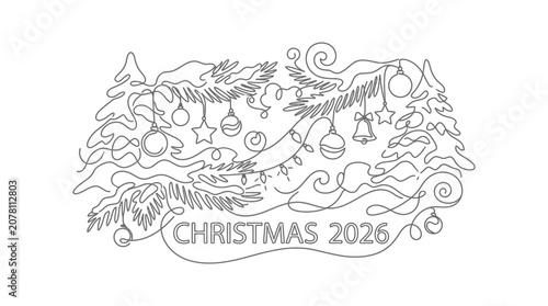 Continuous One Line Drawing of Merry Christmas 2026 with Winter Ornaments and Pine Trees