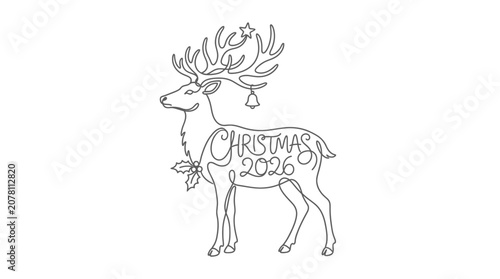 Continuous One Line Drawing of Reindeer with Christmas 2026 Holiday Greeting